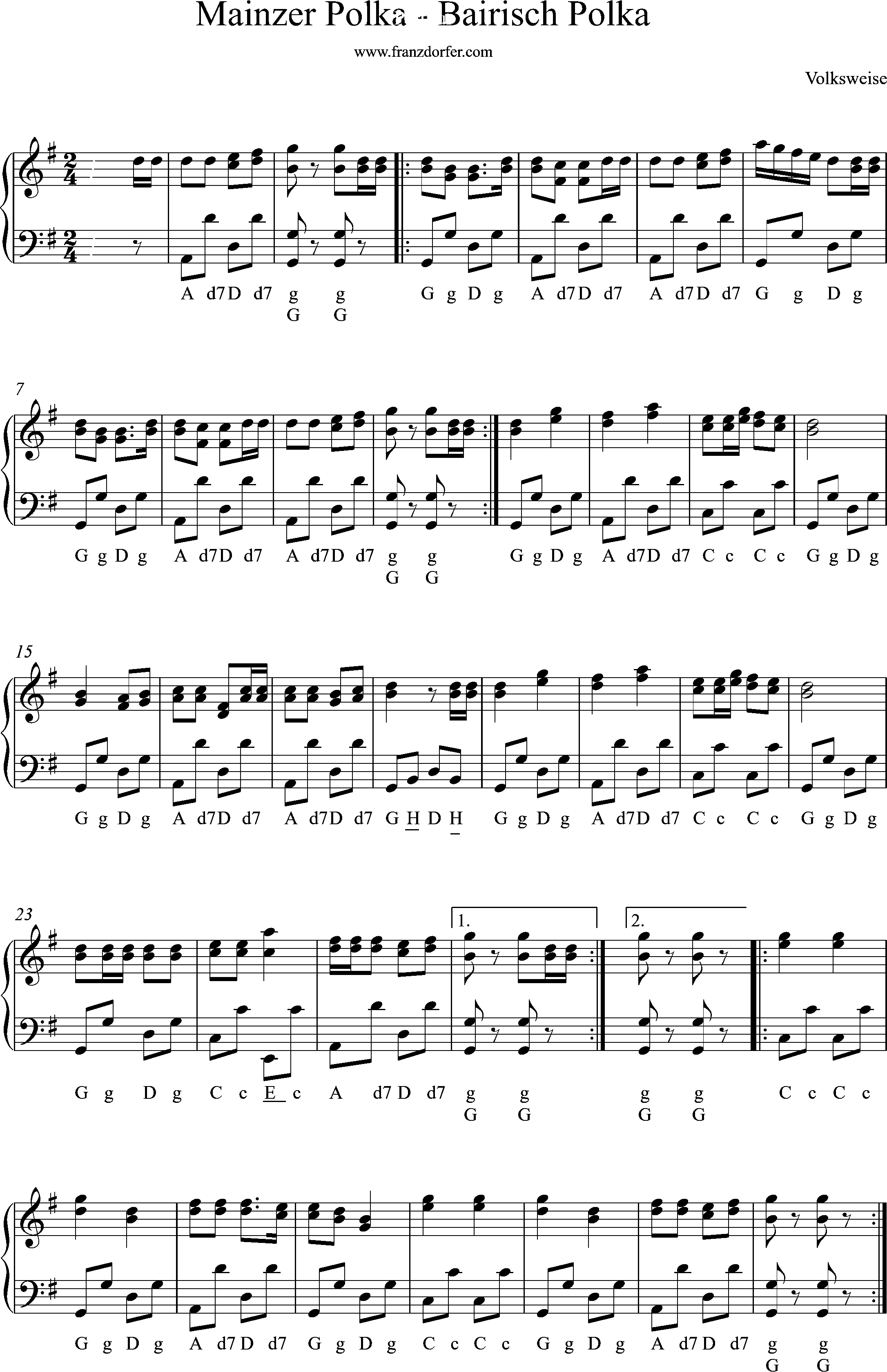 Akkordeonnoten, G-Dur, Mainzer Polka